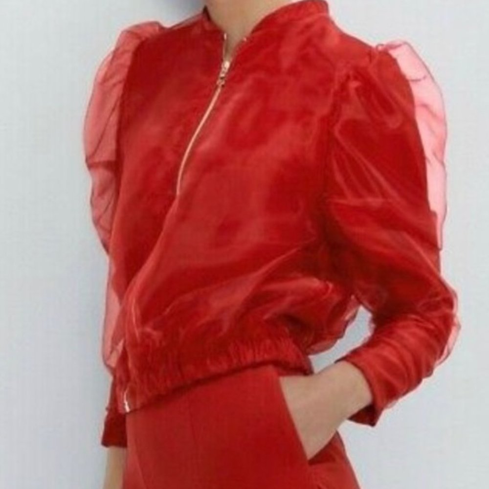 Zara Red Organza Bomber Jacket with Gold Zipper